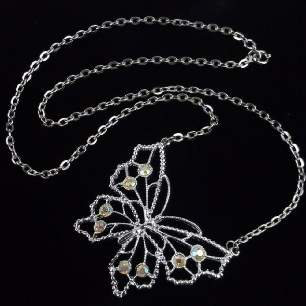 Vintage 1960s‎ Rhinestone Butterfly Necklace 22"
